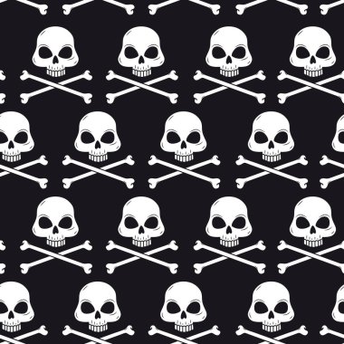 Siyah arka planda korkunç bir insan kafatası. Çapraz kemikli kafatası.