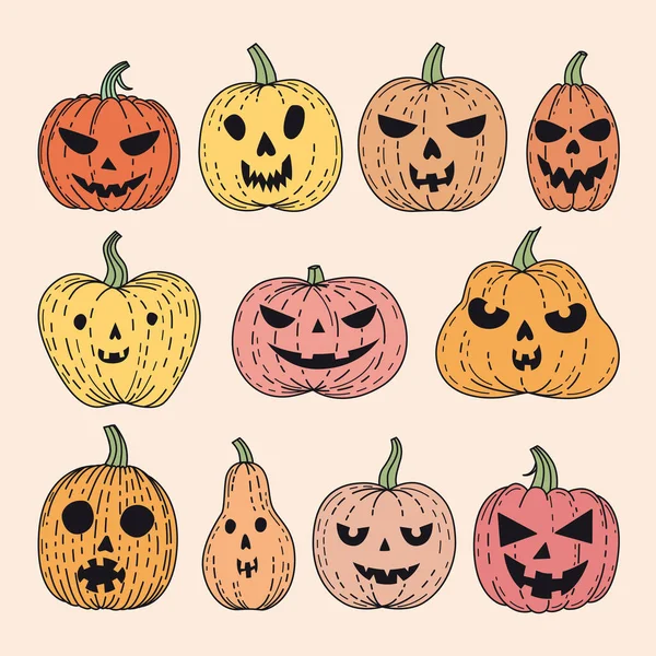 Verschillende Pompoenen Voor Halloween Jack Lantaarns Voor Halloween — Stockvector