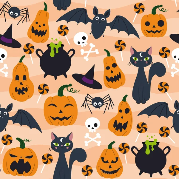 Patrón Halloween Con Diferentes Calabazas Gato Murciélago Cráneo Patrón Tela — Archivo Imágenes Vectoriales