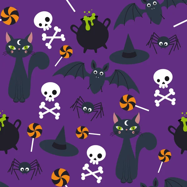 Patrón Para Halloween Sobre Fondo Púrpura Patrón Con Gatos Murciélagos — Archivo Imágenes Vectoriales