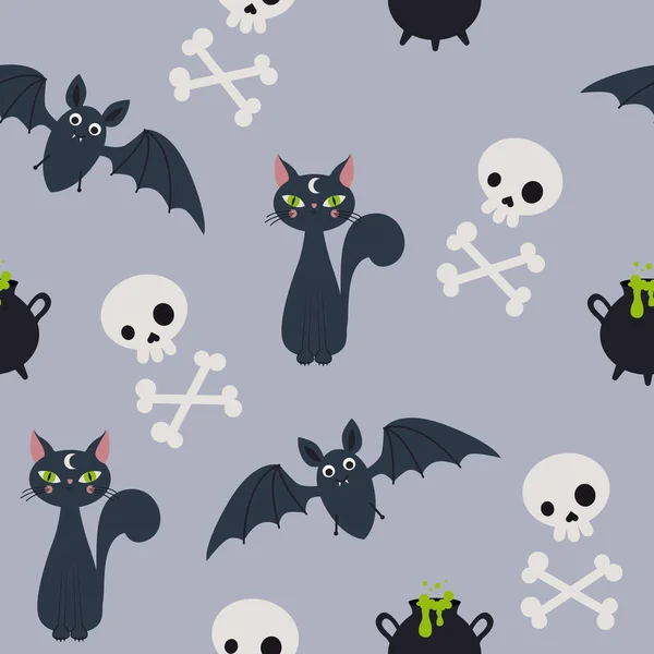 Patrón Con Gatos Calaveras Murciélagos Para Halloween Patrón Ropa Embalaje — Archivo Imágenes Vectoriales