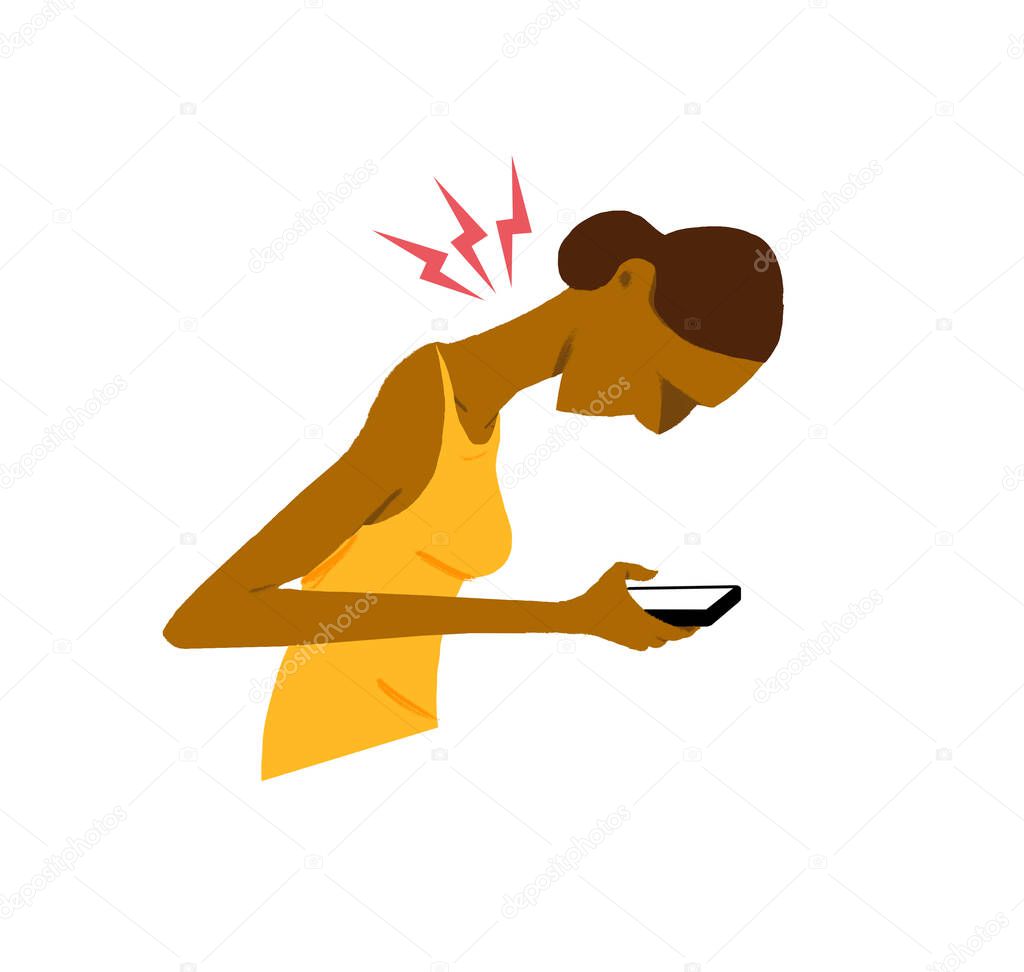 Woman hurting her neck bending over smart phone