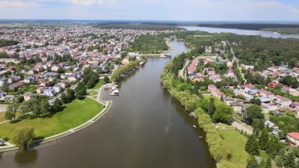 Panorama Augustow Drone View Augustow Canal Cruise Ships Sailboats Sailing — стоковое видео