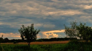 Podlasie 'de tarlalar ve çayırlar üzerinde gün batımı.