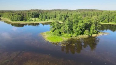İnsansız hava aracının orman alanlarının üzerindeki manzarası ve yeşil ağaçlar arasında uzanan göl. Gölde küçük bir ada var ve gölün içinden küçük bir nehir akıyor..