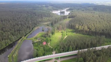 Güneşli bir yaz gününde göl ve ormanların arasında yol ve köprü üzerindeki drone 'dan görüntü.
