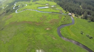 Güneşli bir yaz günü, yeşil çayırların arasında, nehirdeki drone 'un görüntüsü..