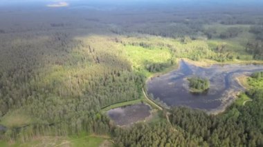 View from the drone on the road and bridge among lakes and forests on a sunny ,summer day.
