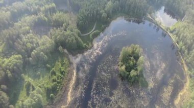 Güneşli bir yaz gününde göller ve ormanlar arasındaki köprü ve yoldaki dron görüntüsü.