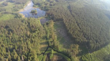 Güneşli bir yaz gününde göller ve ormanlar arasındaki köprü ve yoldaki dron görüntüsü.
