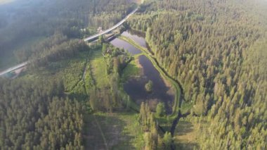 Güneşli bir yaz gününde göller ve ormanlar arasındaki köprü ve yoldaki dron görüntüsü.
