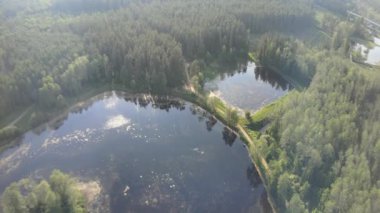 Güneşli bir yaz gününde göller ve ormanlar arasındaki köprü ve yoldaki dron görüntüsü.
