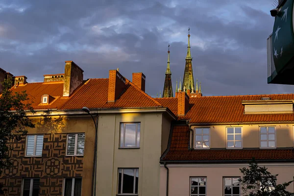 Old tenement houses of Bialystok in the light of the setting sun.