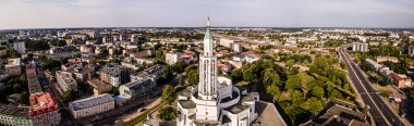 View from the drone on the Church of St.Rocha in Bialystok.Panorama of the city of Bialystok.