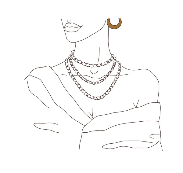 Mooie Mode Vrouw Met Ketting Oorbellen Moderne Lineart Illustratie Witte — Stockfoto