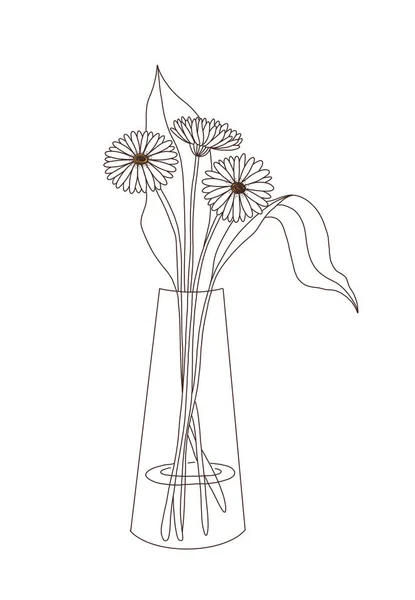 Γυάλινο Βάζο Λουλούδια Σύγχρονη Γραμμική Απεικόνιση Λευκό Φόντο — Φωτογραφία Αρχείου