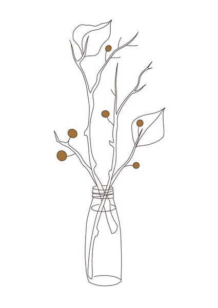Glass Vase Branches Leaves Berries Modern Lineart Illustration White Background — Stock Photo, Image
