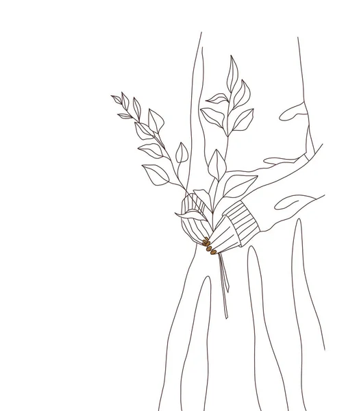 Beautiful Woman Sweater Holds Bouquet Branches Her Hands Modern Lineart — Stockfoto