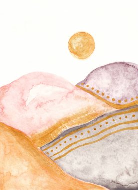 Tepeleri ve altın güneşi olan suluboya modern soyut manzara