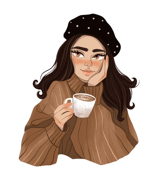Aranyos Lány Fekete Svájcisapkában Barna Pulóverben Egy Csésze Kávéval Illusztráció — Stock Fotó