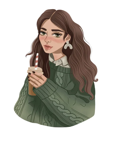 Jolie Fille Dans Pull Vert Avec Une Tasse Café Illustration — Photo