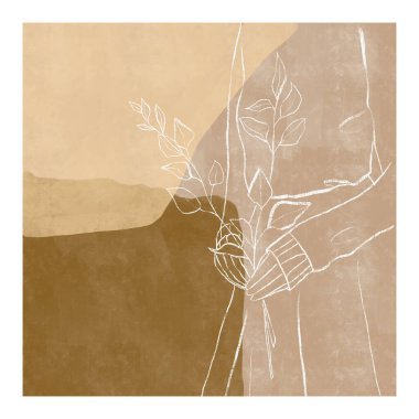 Soyut modern poster. Süveter giymiş güzel bir kadın elinde bir buket dal tutuyor. Modern çizgi çizimi