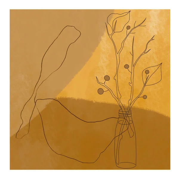 Анотація Сучасного Плаката Абстрактні Форми Скляна Ваза Гілками Листям Ягодами — стокове фото