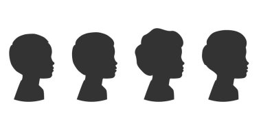 Farklı saç stilleri olan oğlanların siluetleri. Anaokulu çocuğu. Vektör illüstrasyonu beyaz arkaplanda izole edildi