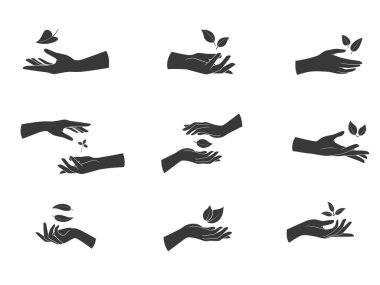 Eller bitkinin bir yaprağını tutuyor. Eko şarkıları koleksiyonu. Vektör illüstrasyonu beyaz arkaplanda izole edildi