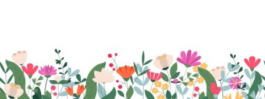 Çiçekler ve yapraklarla süslenmiş yatay, pürüzsüz bir pankart. Bahar çiçeği arkaplanı. Beyaz arkaplanda düz vektör illüstrasyonu