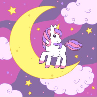 Tek boynuzlu at, yıldızlı gökyüzünün ve bulutların arka planında Ay 'da duruyor. Kartlar, kitaplar, tişörtler için renkli vektör illüstrasyonuName