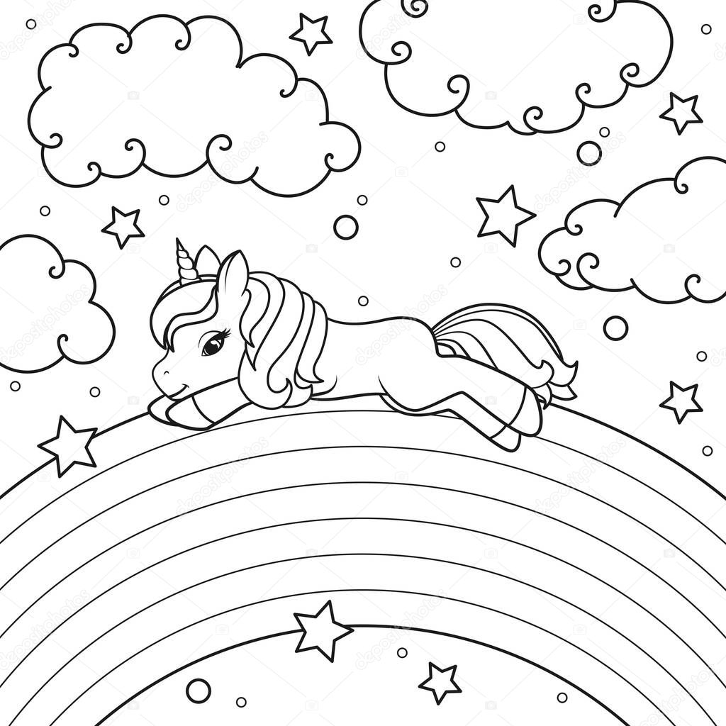 The unicorn lies on the rainbow against the background of the starry sky. Coloring book page. Vector illustration isolated on white background