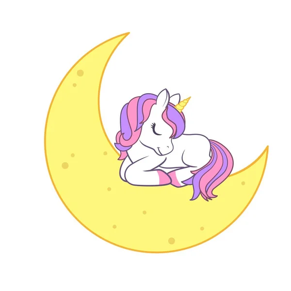 Χαριτωμένος Μονόκερος Κοιμάται Στο Φεγγάρι Εικονογράφηση Διανύσματος Απομονωμένη Λευκό Φόντο — Διανυσματικό Αρχείο