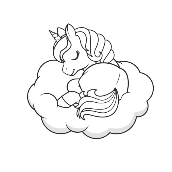 Cute unicorn sleeping on the cloud. Coloring book page. Vector illustration isolated on white background