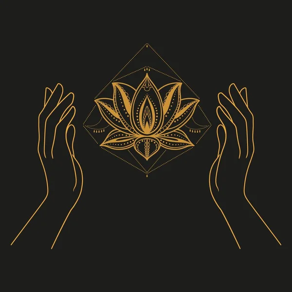 手に神聖な蓮の花 暗い背景に孤立したベクトル図 — ストックベクタ