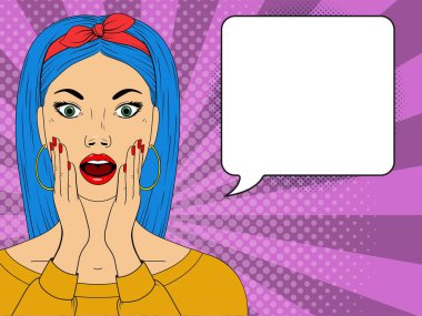 Mavi saçlı, şaşırmış bir kadın. Komik kadın. Kadın yüzü. Pop Art vintage vektör illüstrasyonu