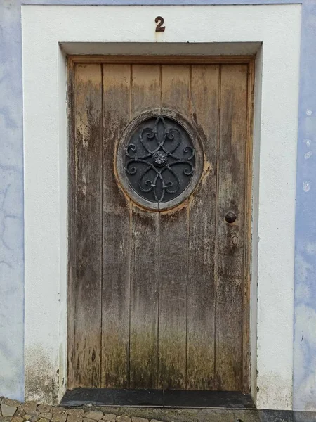 Old Shabby Wooden Door Wrought Iron Elements Inserts Island Terceira — Stockfoto