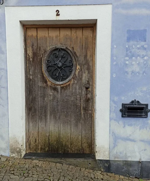 Old Shabby Wooden Door Wrought Iron Elements Inserts Island Terceira — Stockfoto