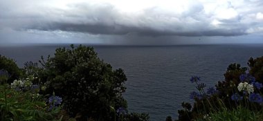 Terceira Adası 'ndan okyanusa doğru şehrin elementleriyle birlikte bitki örtüsünün içinden ve içinden geçen görüntüler.