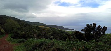 Terceira Adası 'ndan okyanusa doğru şehrin elementleriyle birlikte bitki örtüsünün içinden ve içinden geçen görüntüler.