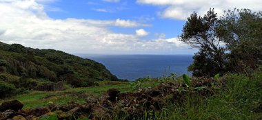 Terceira Adası 'ndan okyanusa doğru şehrin elementleriyle birlikte bitki örtüsünün içinden ve içinden geçen görüntüler.