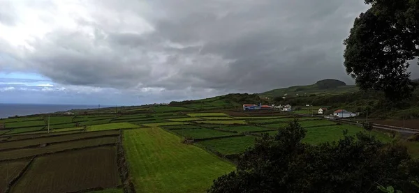 Widoki Wyspy Terceira Kierunku Oceanu Przez Przez Roślinność Elementami Miasta — Zdjęcie stockowe