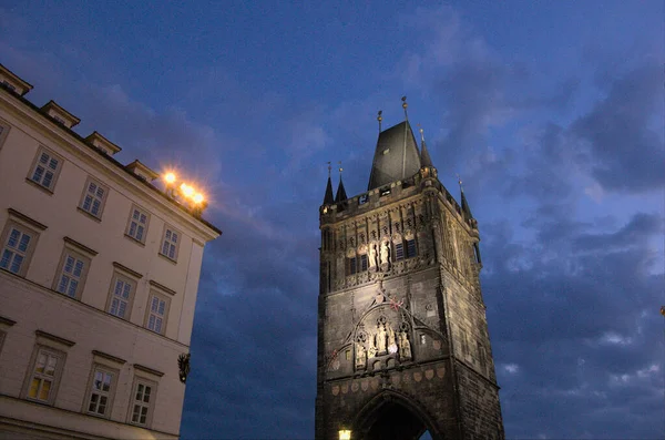 Céu Noturno Torre Praga — Fotografia de Stock