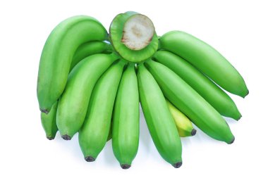 Beyaz bir zemin üzerinde yeşil çiğ muz, izole, sağlık aşıkları için bir meyve, hoş kokulu, tatlı, astringan, kilo vermesine yardımcı olan lezzetli.