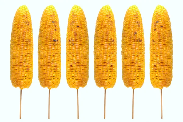 Grilled Sweet Corn Arranged Vertically White Background Isolated — Stockfoto