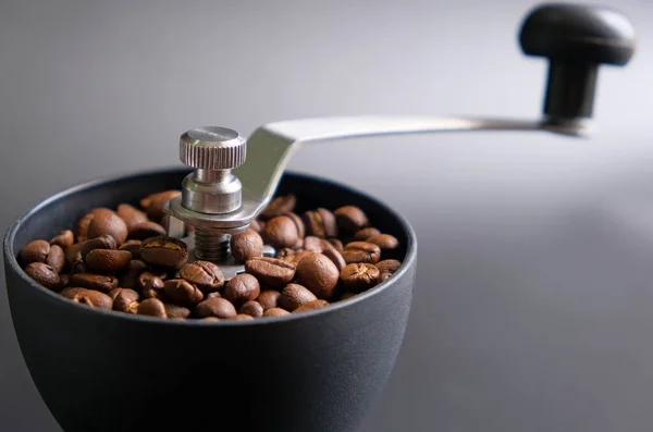 Manual Coffee Grinder Black Background Heaps Coffee Beans Make Coffee — Stock Photo, Image