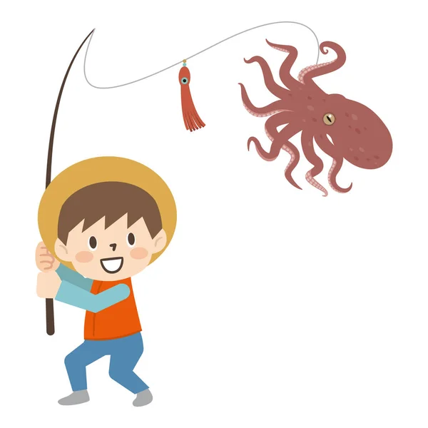 Illustration Boy Fishing Octopus — Stock Vector