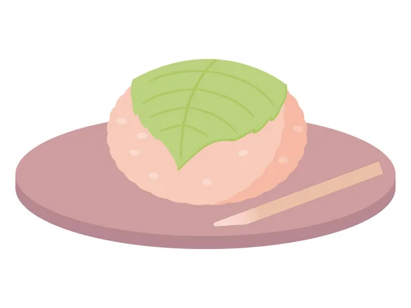 Sakura Mochi的矢量图解 一种粉红的米糕 里面塞满了甜豆浆 裹着腌制的樱桃叶 — 图库矢量图片