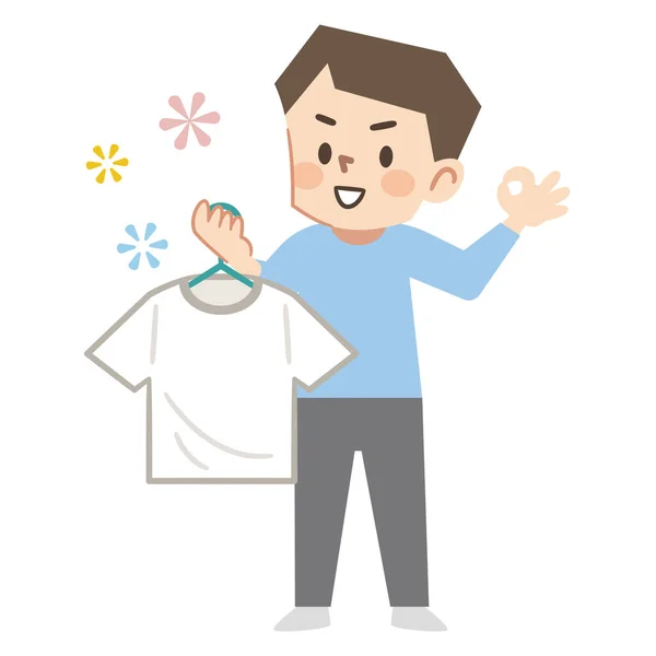 Vektorová Ilustrace Usmívajícího Mladého Muže Držícího Prádlo — Stockový vektor