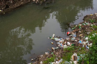 Nehirdeki plastik çöpler. ekoloji
